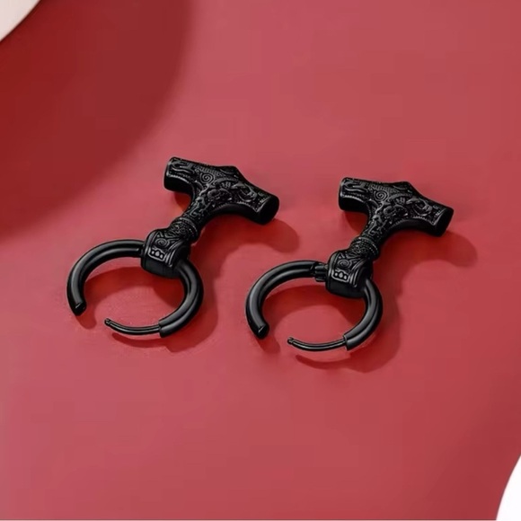 Black Gun Metal Gold Mjolnir Thor’s Hammer Viking Runes Unisex Hoop Earrings - Picture 4 of 7